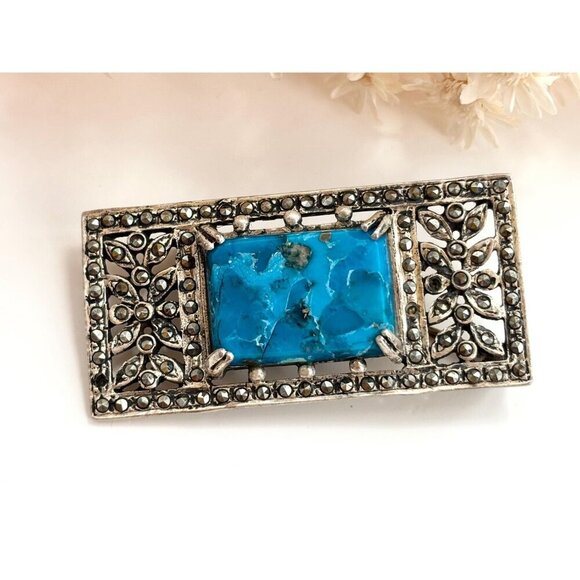Art Deco Sterling Silver Natural Turquoise Marcasite Double Vintage Brooch Pin - Picture 9 of 10